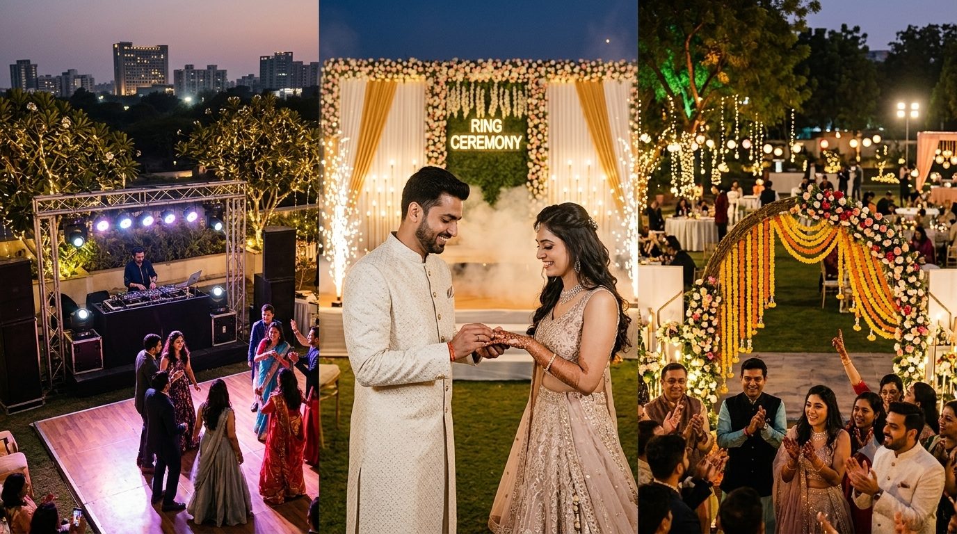 Event 1O1 — Wedding event management in Ahmedabad, ring ceremony and outdoor reception
