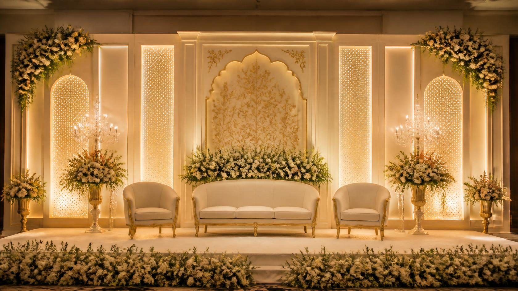 Decorated ivory and gold wedding mandap setup in Ahmedabad at dusk