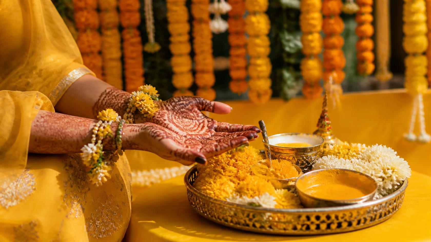 Marigold flower decor for Haldi Mehendi ceremony in Ahmedabad