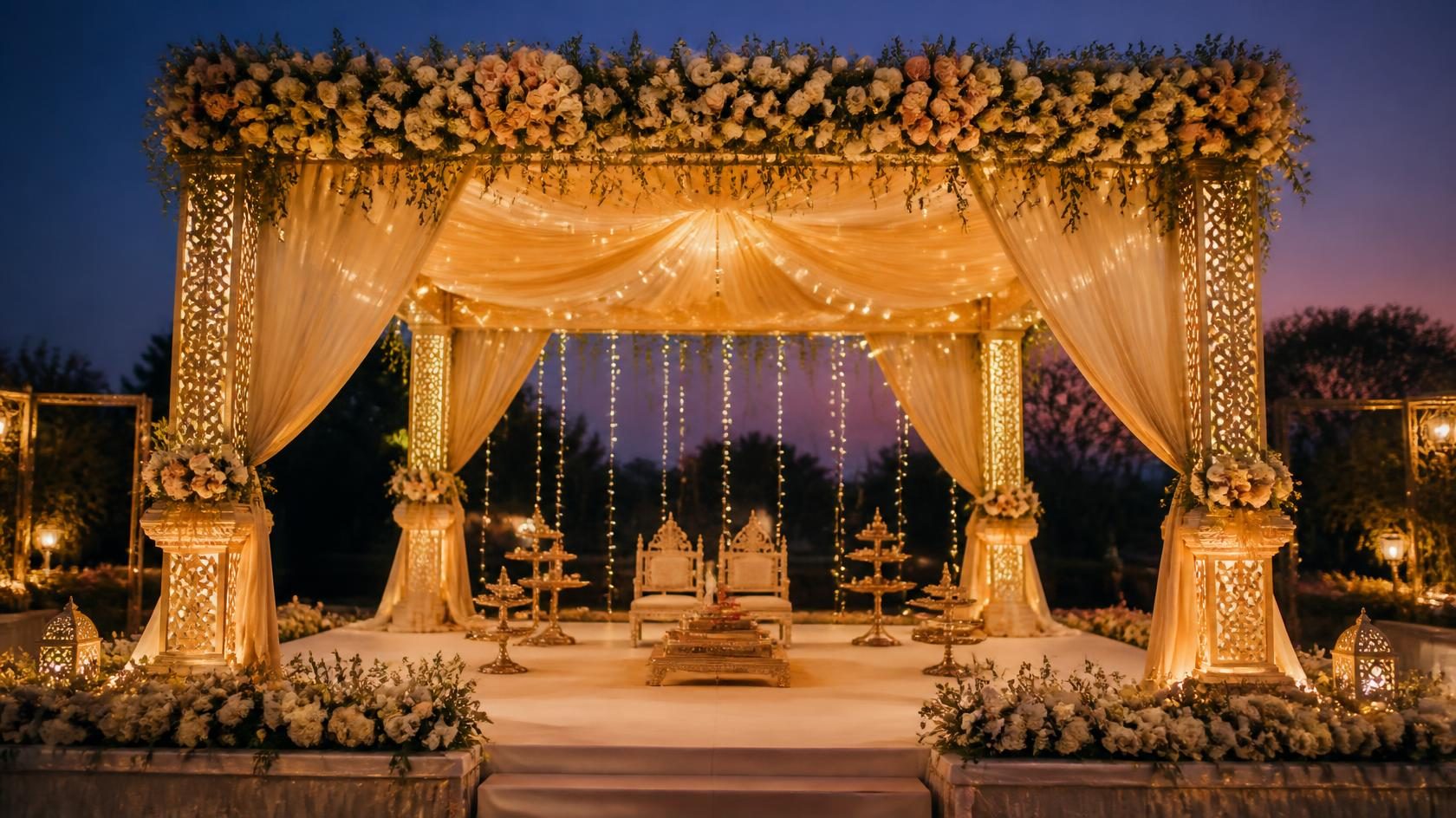 Ivory and gold floral wedding stage decoration with LED backdrop lighting in Ahmedabad