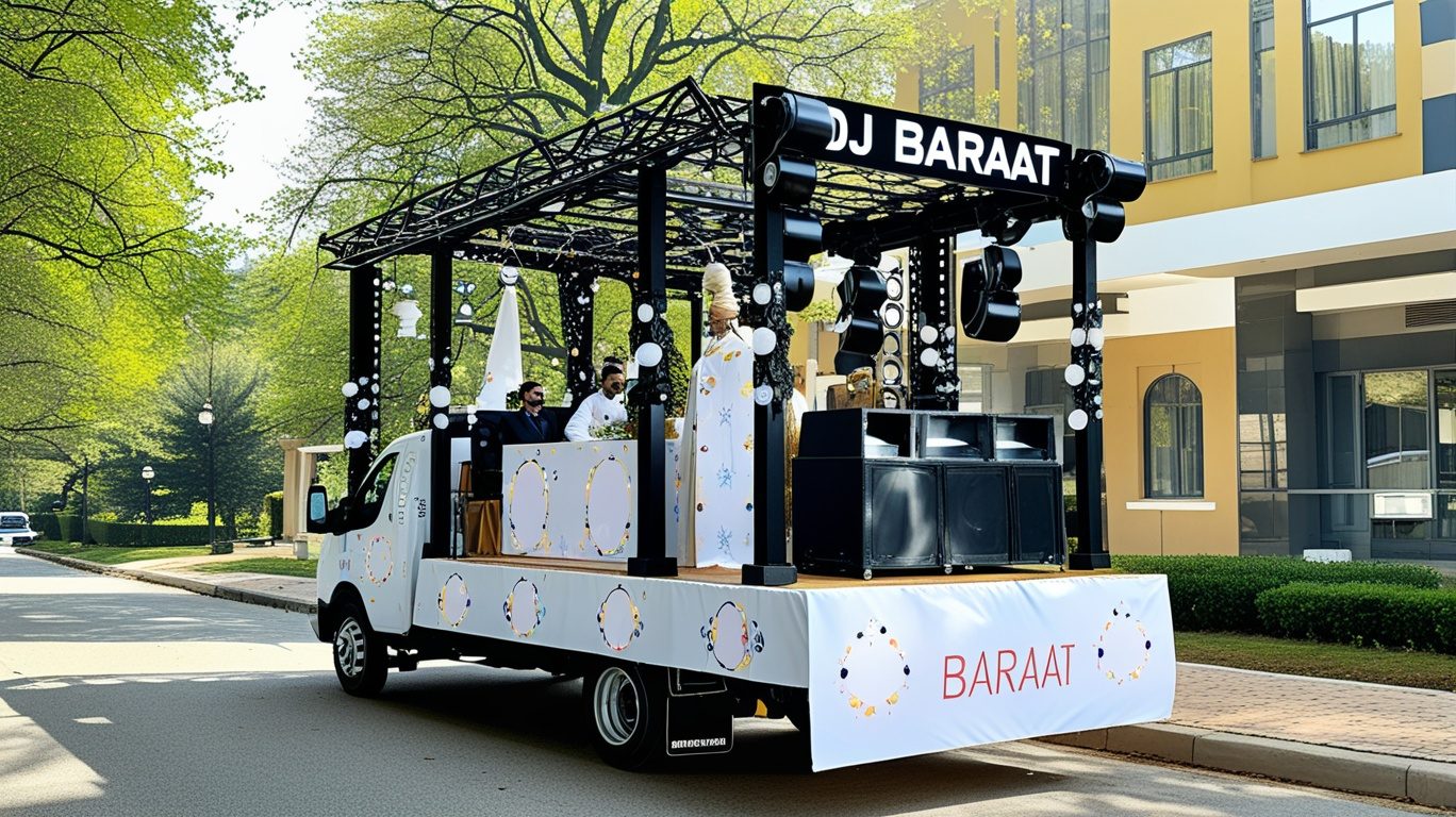 LED-lit Baraat on Wheel float with CO2 smoke effect at an Ahmedabad wedding procession