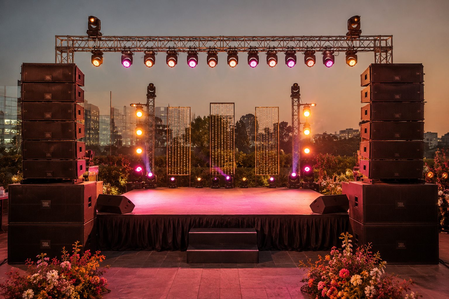 JBL sound system and par lights setup for Navratri garba night Ahmedabad