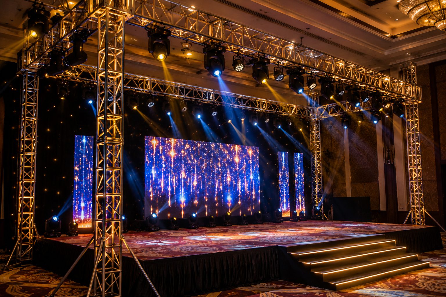 Decorated sangeet night stage with LED backdrop and lighting truss in Ahmedabad
