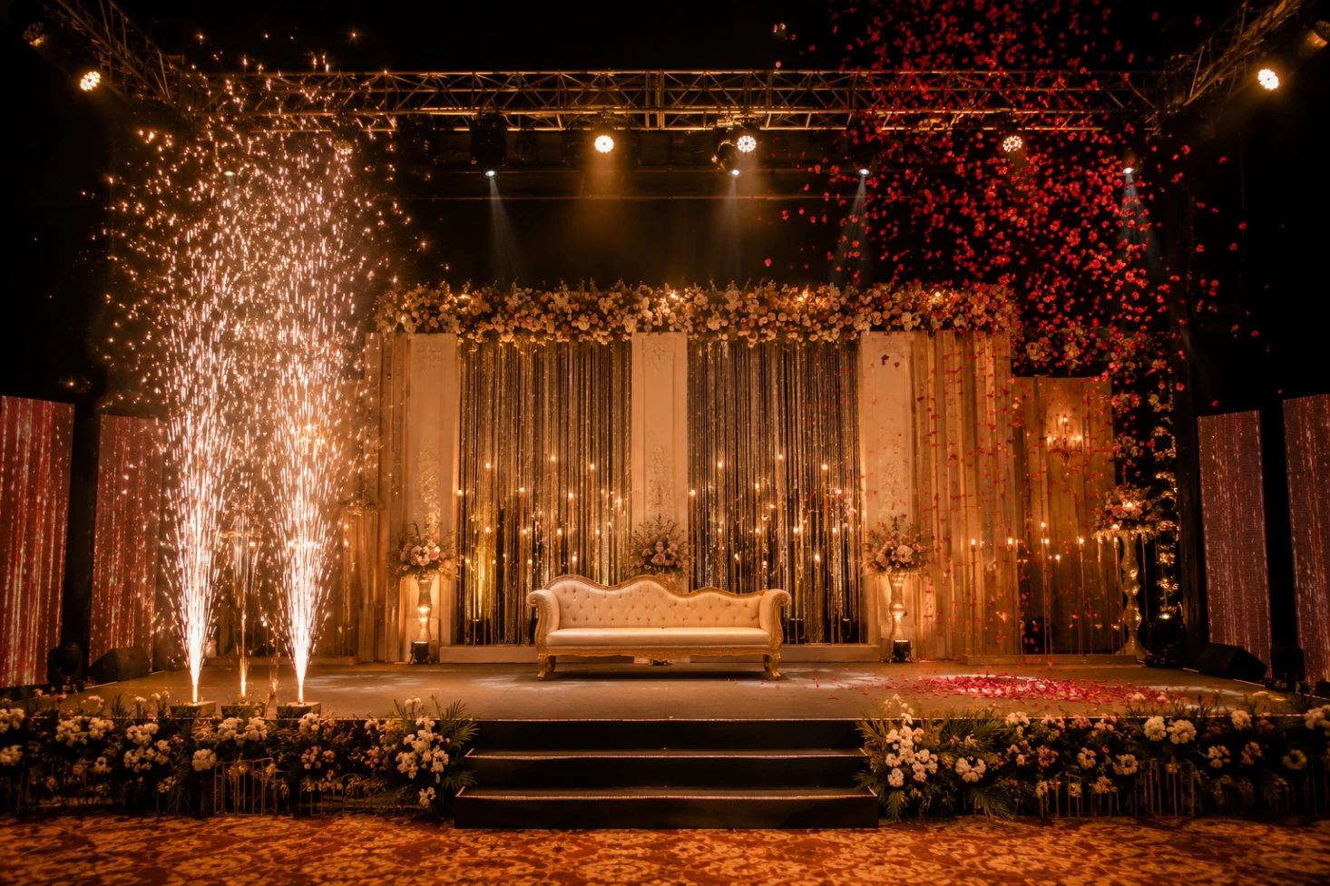 Floral pastel ring ceremony decoration with couple sofa setup in Ahmedabad