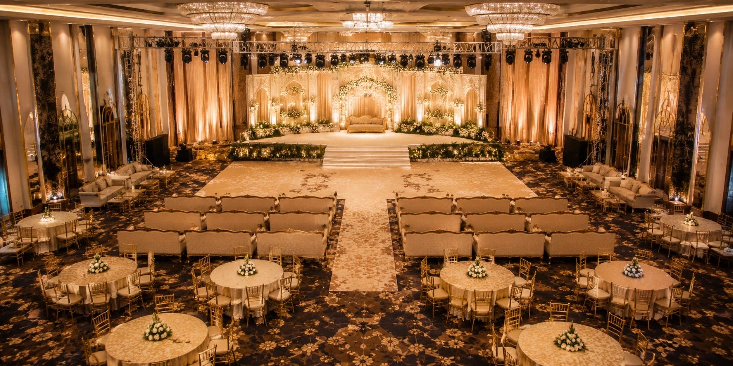 Elegant wedding venue interior with stage and seating setup in Ahmedabad