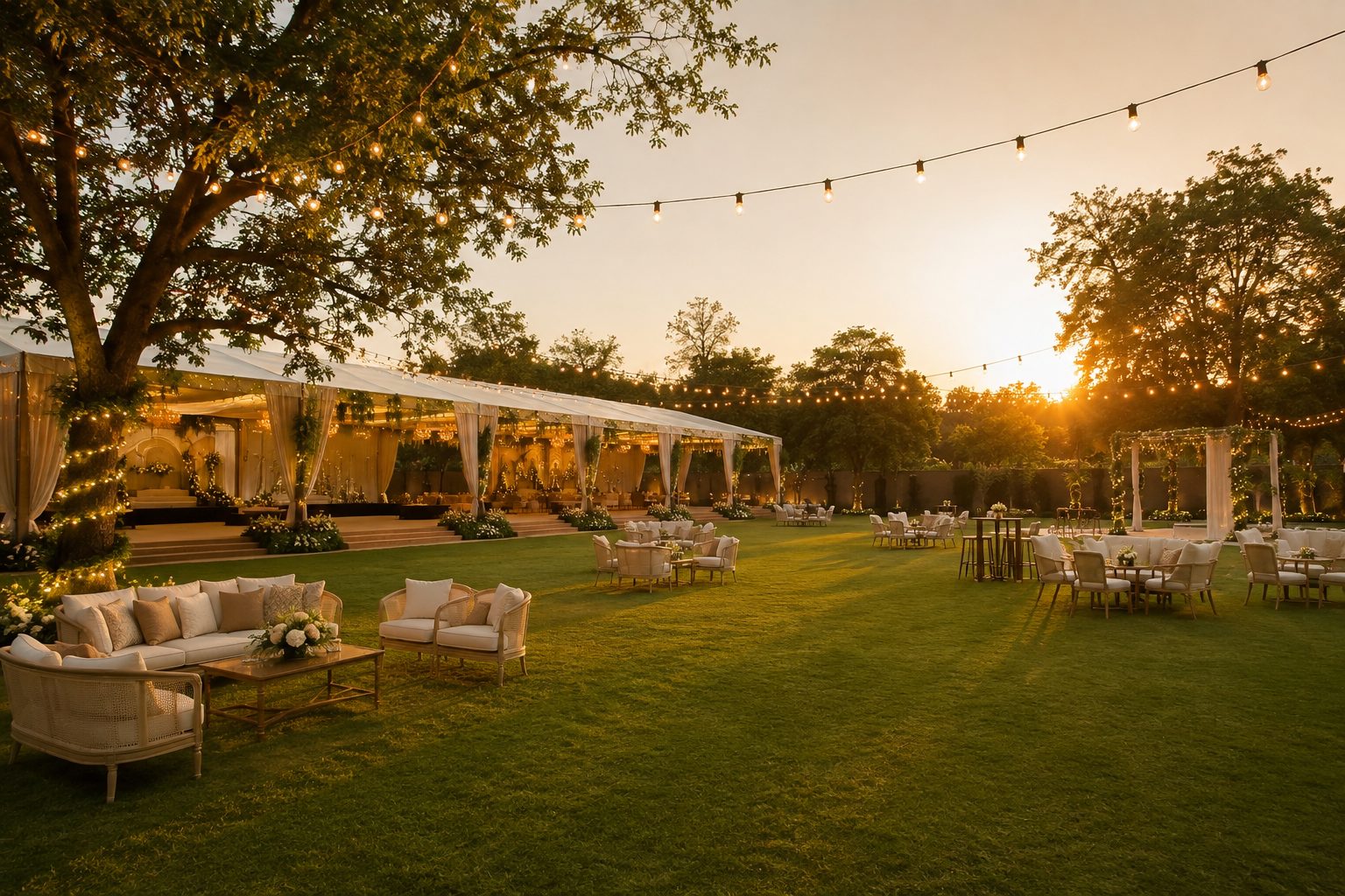 Wedding farmhouse lawn venue in Ahmedabad with outdoor setup
