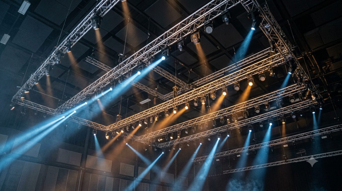 Box truss and stage lighting rig setup for events in Ahmedabad