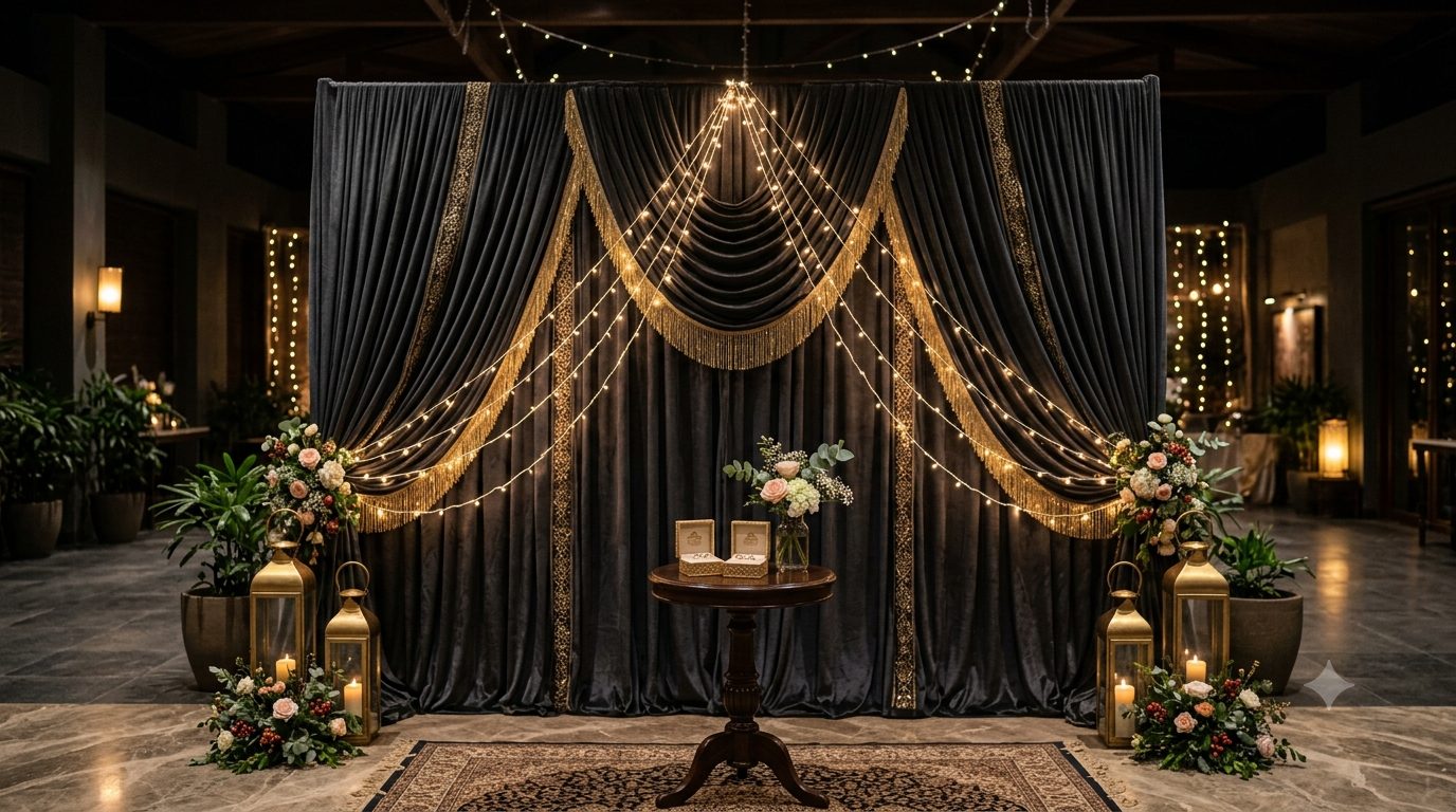 Dark gold theme ring ceremony decoration in Ahmedabad
