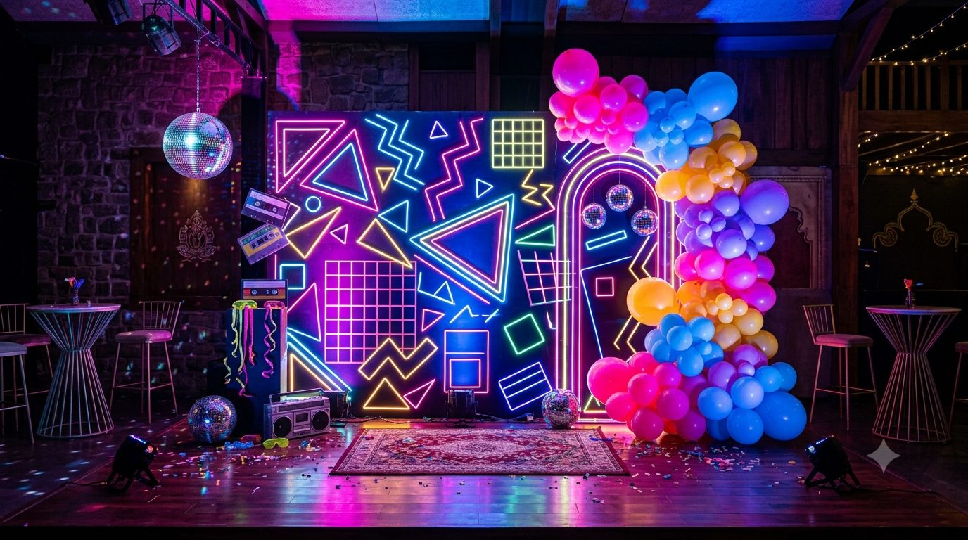 Retro neon theme birthday party decoration in Ahmedabad