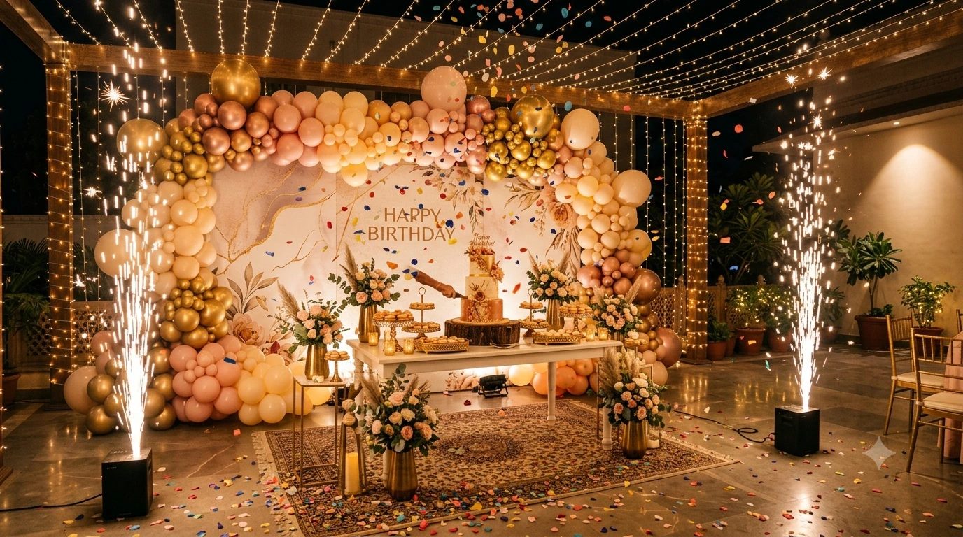 Personalized birthday party backdrop with balloon installation in Ahmedabad