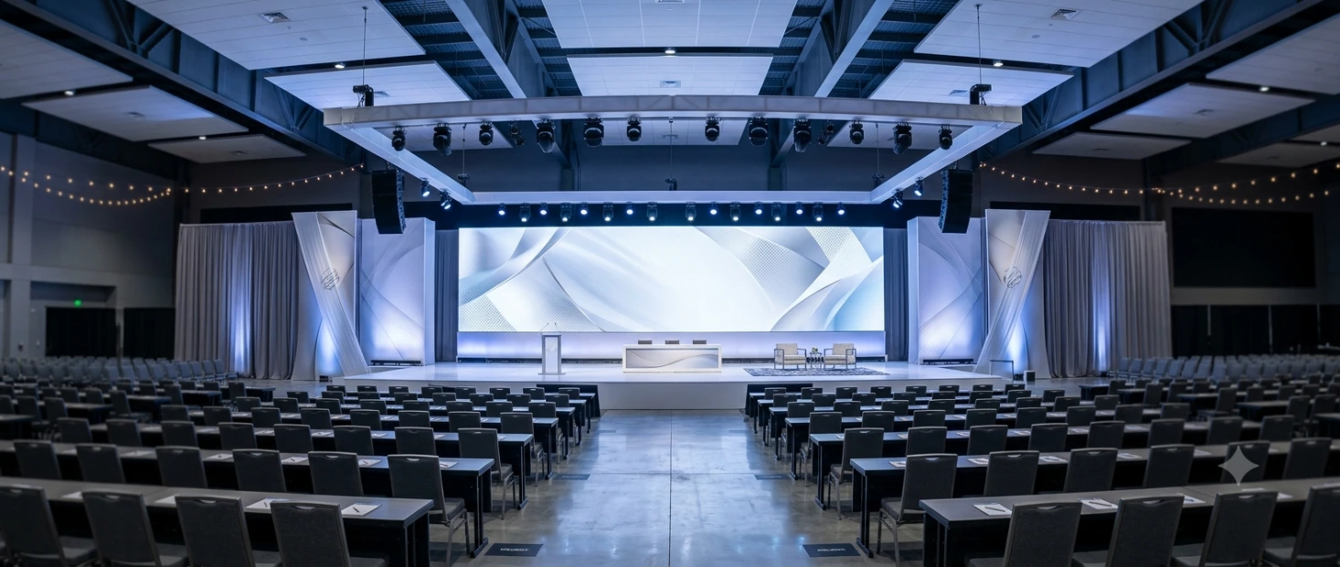 Professional corporate event stage setup with LED screen in Ahmedabad