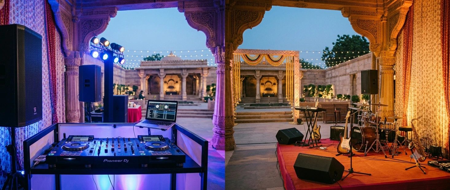 Split comparison of a DJ console setup and live band instruments for an Ahmedabad wedding